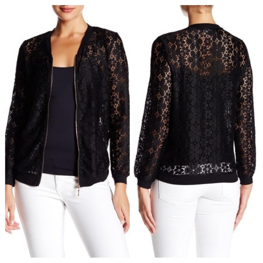 NEW Papillon Black Lace Full-Zip Bomber Jacket M